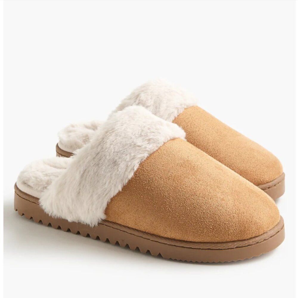 J. Crew Women's Faus Suede Slippers Soft Sherpa Lining Clog Mule Winter Tan